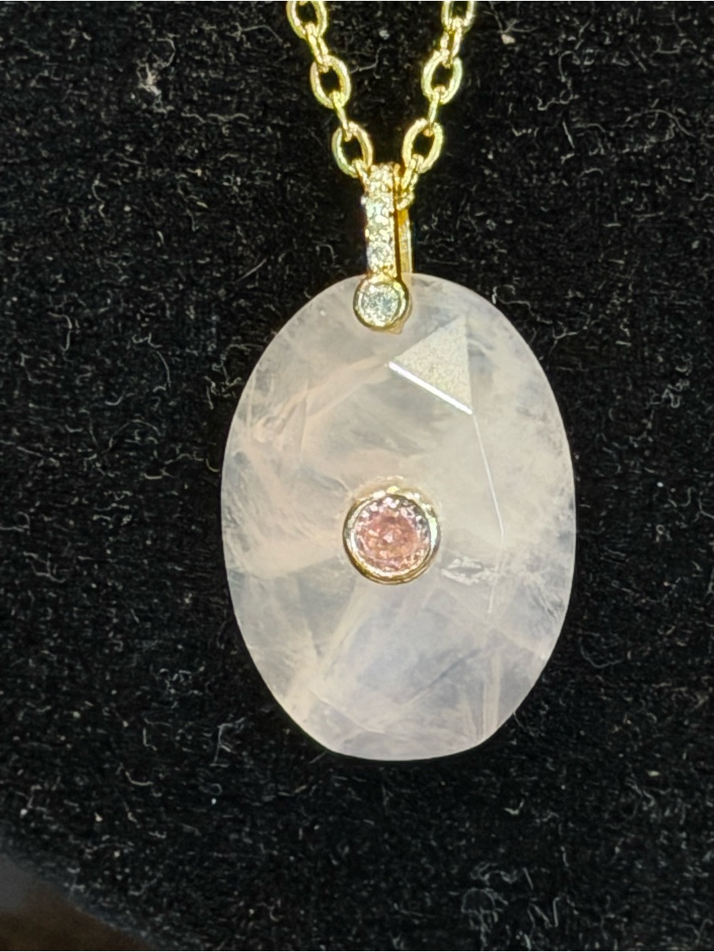 Rose Quartz Pendant Necklace with Pink Austrian Crystal Stone Accent